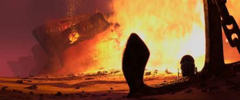Movie still from “WALL·E” (2008), directed by Andrew Stanton – A lava fountain is lit up in the background; Extreme Wide shot, Low angle