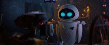 Movie still from “WALL·E” (2008), directed by Andrew Stanton – An image of an animated robot in a room; Medium shot, Over the shoulder angle