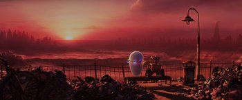 Movie still from “WALL·E” (2008), directed by Andrew Stanton – An image of an ocean scene with the sun going down in the background; Extreme Wide shot, Low angle