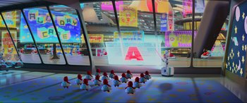 Movie still from “WALL·E” (2008), directed by Andrew Stanton – A group of ducks that are on the ground; Extreme Wide shot, Over the shoulder angle