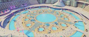 Movie still from “WALL·E” (2008), directed by Andrew Stanton – An aerial view of a swimming pool with people in it; Extreme Wide shot, High angle