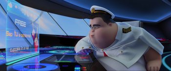 Movie still from “WALL·E” (2008), directed by Andrew Stanton – An animated picture of a man in a uniform; Medium shot, Low angle