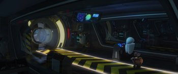 Movie still from “WALL·E” (2008), directed by Andrew Stanton – A computer generated image of the interior of a space station; Wide shot, High angle