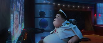 Movie still from “WALL·E” (2008), directed by Andrew Stanton – An animated picture of captain haddock from the animated film ratatouille; Wide shot, High angle