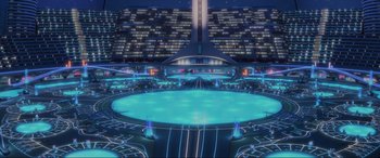 Movie still from “WALL·E” (2008), directed by Andrew Stanton – An image of a futuristic city at night time; Extreme Wide shot, High angle