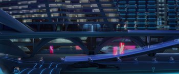 Movie still from “WALL·E” (2008), directed by Andrew Stanton – A city with a lot of lights on the buildings; Extreme Wide shot, Low angle