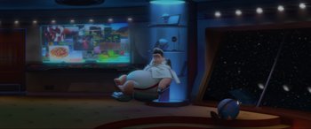 Movie still from “WALL·E” (2008), directed by Andrew Stanton – An animated picture of an overweight man in a room; Wide shot, High angle