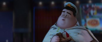 Movie still from “WALL·E” (2008), directed by Andrew Stanton – A cartoon of a man in a uniform holding something; Close Up shot, Low angle