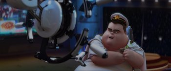 Movie still from “WALL·E” (2008), directed by Andrew Stanton – A cartoon of a person in a hospital operating a machine; Medium shot, Low angle