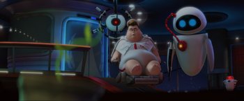 Movie still from “WALL·E” (2008), directed by Andrew Stanton – An animated character is sitting in an office chair; Wide shot, Low angle