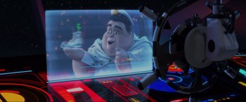 Movie still from “WALL·E” (2008), directed by Andrew Stanton – A steering wheel with a picture on it; Wide shot, Over the shoulder angle