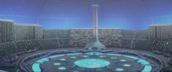 Movie still from “WALL·E” (2008), directed by Andrew Stanton – An image of a futuristic city with a tower in the center; Extreme Wide shot, High angle