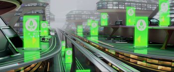 Movie still from “WALL·E” (2008), directed by Andrew Stanton – An image of a futuristic city with green lights; Extreme Wide shot, High angle