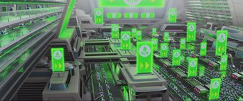 Movie still from “WALL·E” (2008), directed by Andrew Stanton – A computer generated image of a plant in a factory; Extreme Wide shot, High angle