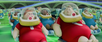 Movie still from “WALL·E” (2008), directed by Andrew Stanton – A group of cartoon characters sitting on a bed; Medium shot, Low angle