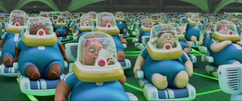 Movie still from “WALL·E” (2008), directed by Andrew Stanton – A group of people that are sitting in some kind of car; Extreme Wide shot, High angle