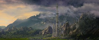 Movie still from “Warcraft” (2016), directed by Duncan Jones – An image of a castle in the middle of a mountain; Extreme Wide shot, Low angle