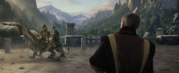 Movie still from “Warcraft” (2016), directed by Duncan Jones – A man and a woman are playing a game of chess; Wide shot, Over the shoulder angle