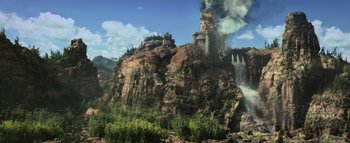 Movie still from “Warcraft” (2016), directed by Duncan Jones – An image of a castle on top of a mountain; Extreme Wide shot, High angle