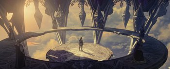 Movie still from “Warcraft” (2016), directed by Duncan Jones – A man standing on top of a large clock; Extreme Wide shot, High angle