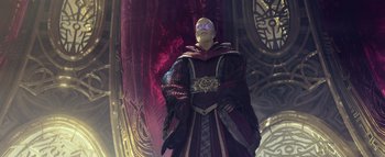 Movie still from “Warcraft” (2016), directed by Duncan Jones – An image of an old man in a costume; Medium shot, Low angle