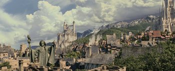 Movie still from “Warcraft” (2016), directed by Duncan Jones – An image of a castle in the middle of a town; Extreme Wide shot, High angle