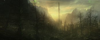 Movie still from “Warcraft” (2016), directed by Duncan Jones – An image of a forest with a tower in the background; Extreme Wide shot, Low angle