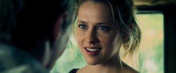 Movie still from “Warm Bodies” (2013), directed by Jonathan Levine – A woman's face as she looks into a mirror; Close Up shot, Over the shoulder angle