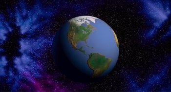 Movie still from “Waterworld” (1995), directed by Kevin Reynolds – A picture of the planet earth in space; Extreme Wide shot, Overhead angle