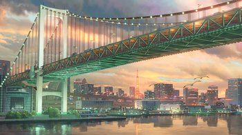 Movie still from “Weathering with You” (2019), directed by Makoto Shinkai – A painting of a bridge over a body of water; Extreme Wide shot, Low angle