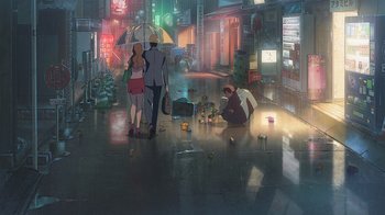 Movie still from “Weathering with You” (2019), directed by Makoto Shinkai – A group of people standing on the sidewalk; Extreme Wide shot, High angle