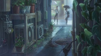 Movie still from “Weathering with You” (2019), directed by Makoto Shinkai – A couple of people walking down a street holding an umbrella; Extreme Wide shot, Low angle