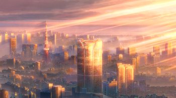 Movie still from “Weathering with You” (2019), directed by Makoto Shinkai – An aerial view of a city skyline at sunset; Extreme Wide shot, Low angle