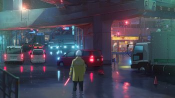 Movie still from “Weathering with You” (2019), directed by Makoto Shinkai – A person standing in a parking lot at night; Extreme Wide shot, High angle