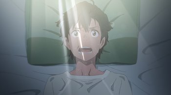 Movie still from “Weathering with You” (2019), directed by Makoto Shinkai – A man with a surprised look on his face; Close Up shot, Overhead angle