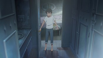 Movie still from “Weathering with You” (2019), directed by Makoto Shinkai – A man standing in a bathroom with a tray of food; Wide shot, High angle