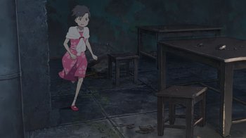Movie still from “Weathering with You” (2019), directed by Makoto Shinkai – An animated girl in a pink dress walking in front of a table; Wide shot, High angle