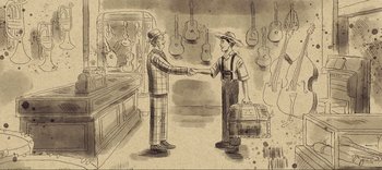 Movie still from “Weird: The Al Yankovic Story” (2022), directed by Eric Appel – Two men shaking hands in a room full of musical instruments; Wide shot, High angle