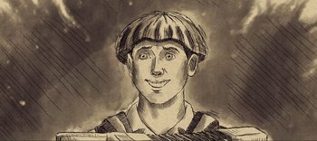 Movie still from “Weird: The Al Yankovic Story” (2022), directed by Eric Appel – A drawing of a man wearing a hat; Close Up shot, High angle