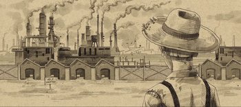 Movie still from “Weird: The Al Yankovic Story” (2022), directed by Eric Appel – An old drawing of an industrial area with smoke coming out of chimneys; Extreme Close Up shot, Low angle
