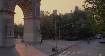 Movie still from “When Harry Met Sally...” (1989), directed by Rob Reiner – A person walking on a street near a building; Extreme Wide shot, High angle