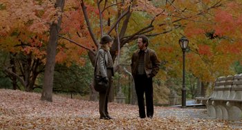 Movie still from “When Harry Met Sally...” (1989), directed by Rob Reiner – A man and a woman standing in the leaves; Wide shot, Over the shoulder angle