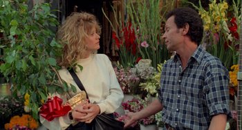 Movie still from “When Harry Met Sally...” (1989), directed by Rob Reiner – A man and a woman talking in front of flowers; Medium shot, Over the shoulder angle