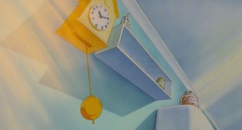 Movie still from “Who Framed Roger Rabbit” (1988), directed by Robert Zemeckis – A clock hanging from the side of a wall next to a shelf; Extreme Close Up shot, Overhead angle