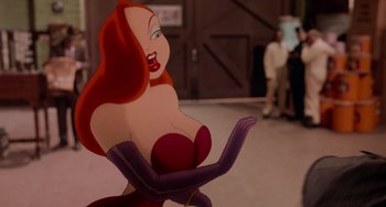 Movie still from “Who Framed Roger Rabbit” (1988), directed by Robert Zemeckis – A cartoon of jessica rabbit is shown in the background; Medium shot, Over the shoulder angle