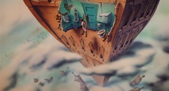 Movie still from “Who Framed Roger Rabbit” (1988), directed by Robert Zemeckis – A painting of a man standing on top of a building; Extreme Wide shot, Overhead angle