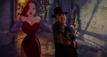 Movie still from “Who Framed Roger Rabbit” (1988), directed by Robert Zemeckis – An image of an animated scene with a woman and a man; Medium shot, Low angle