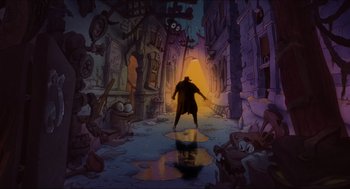 Movie still from “Who Framed Roger Rabbit” (1988), directed by Robert Zemeckis – An image of an animated scene with a man in the middle of the street; Wide shot, High angle