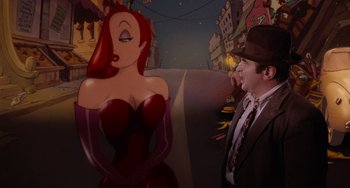 Movie still from “Who Framed Roger Rabbit” (1988), directed by Robert Zemeckis – An animated scene of a man and a woman; Medium shot, Over the shoulder angle