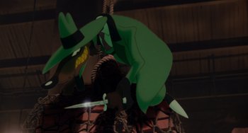 Movie still from “Who Framed Roger Rabbit” (1988), directed by Robert Zemeckis – A cartoon of a green dragon with a sword; Medium shot, Low angle